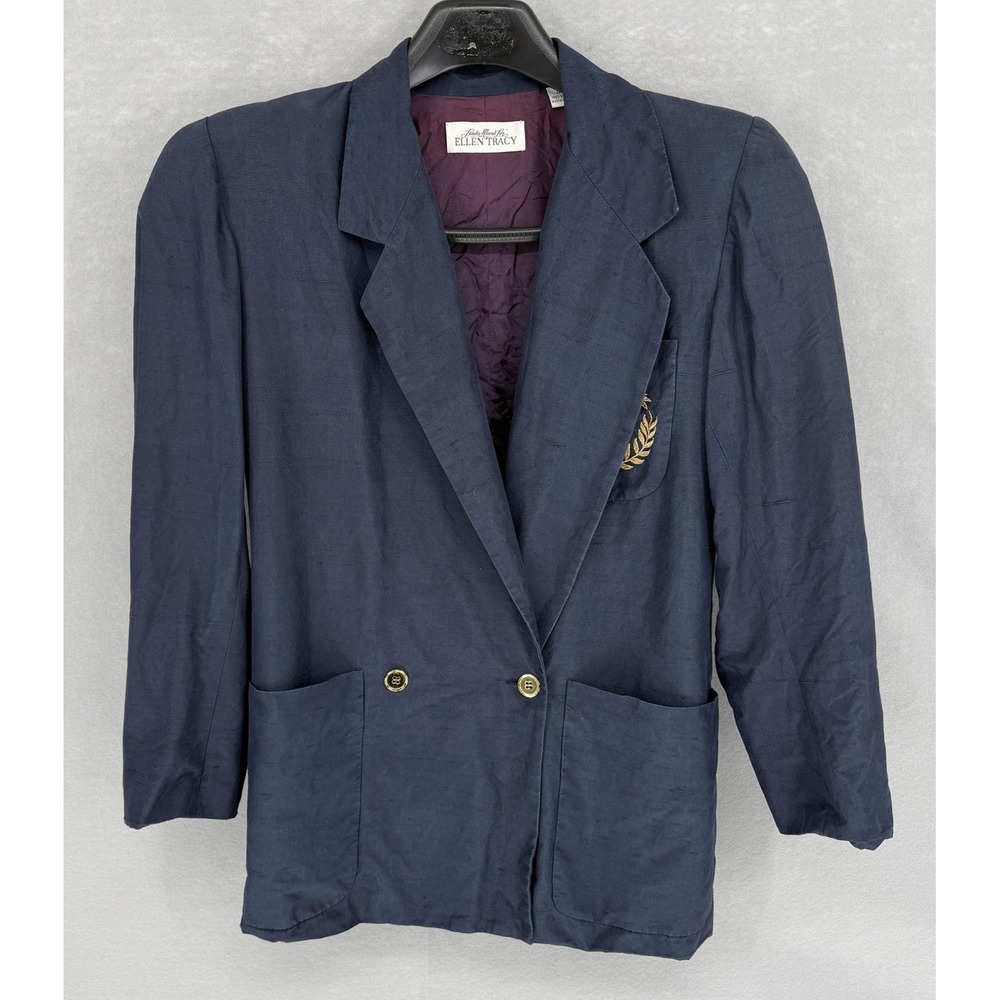 Vintage Linda Allard Ellen Tracy Blazer Womens 4 Blue Silk Nautical Crest Patch